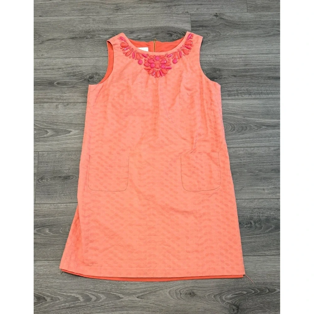 Donna Morgan Dress Size 14 Coral Pink Beaded Neckline Shift Sleeveless